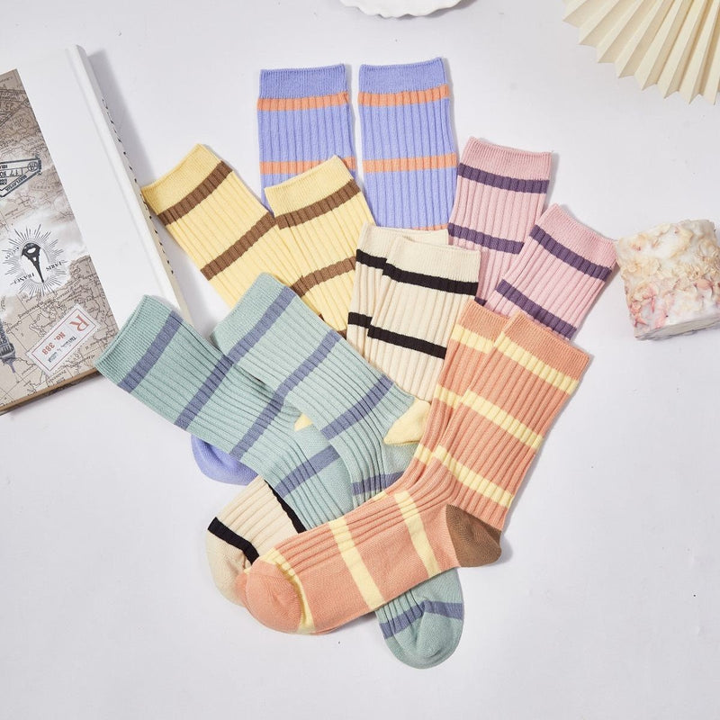 Women's Macaron Color Striped Contrast Socks - LOOUZ