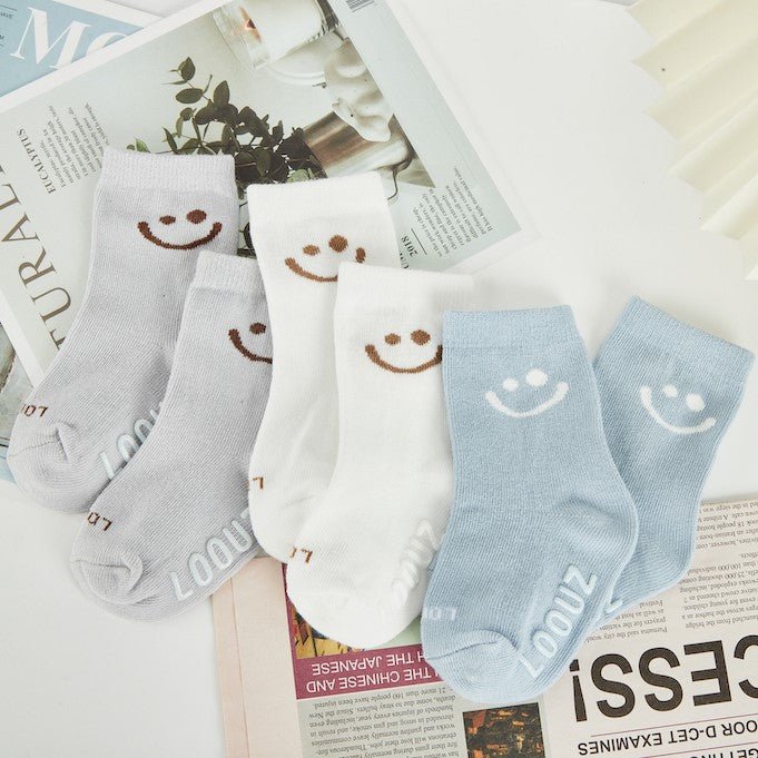 Kids Three Pairs Smiley Set - White Gray Blue - LOOUZ
