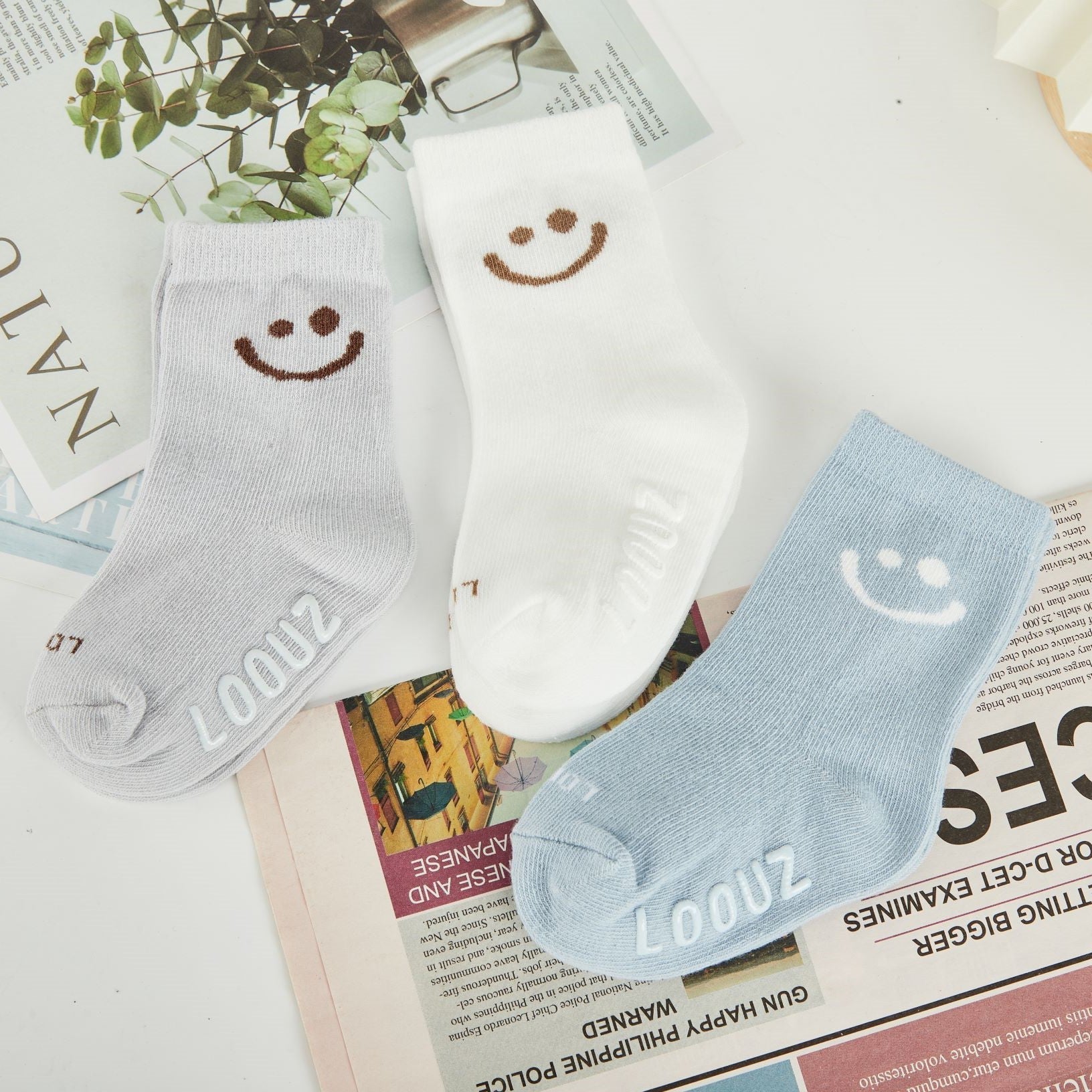 Kids Three Pairs Smiley Set - White Gray Blue - LOOUZ