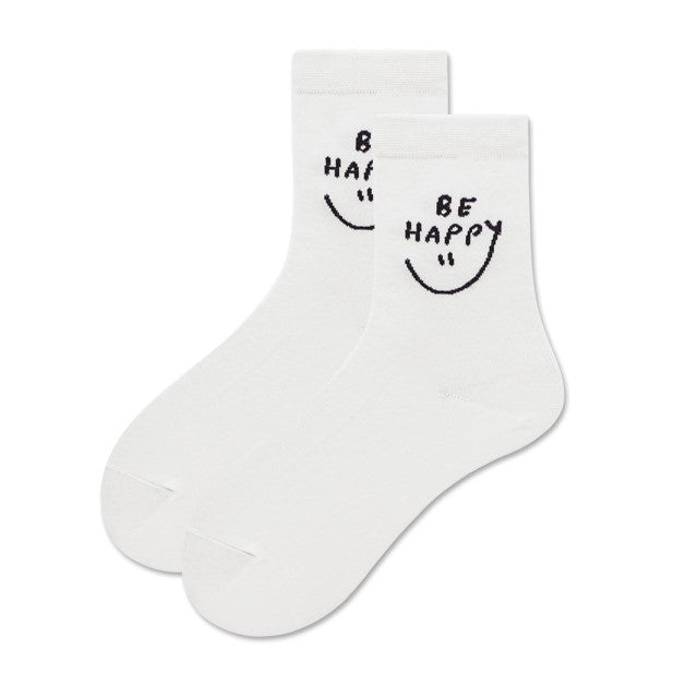 Women's Be Happy Socks - White | LOOUZ