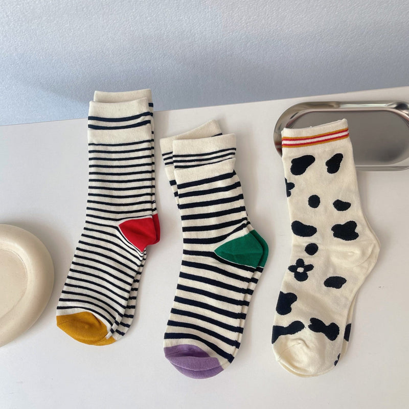 Women's Cow Print Striped Crew Socks - LOOUZ