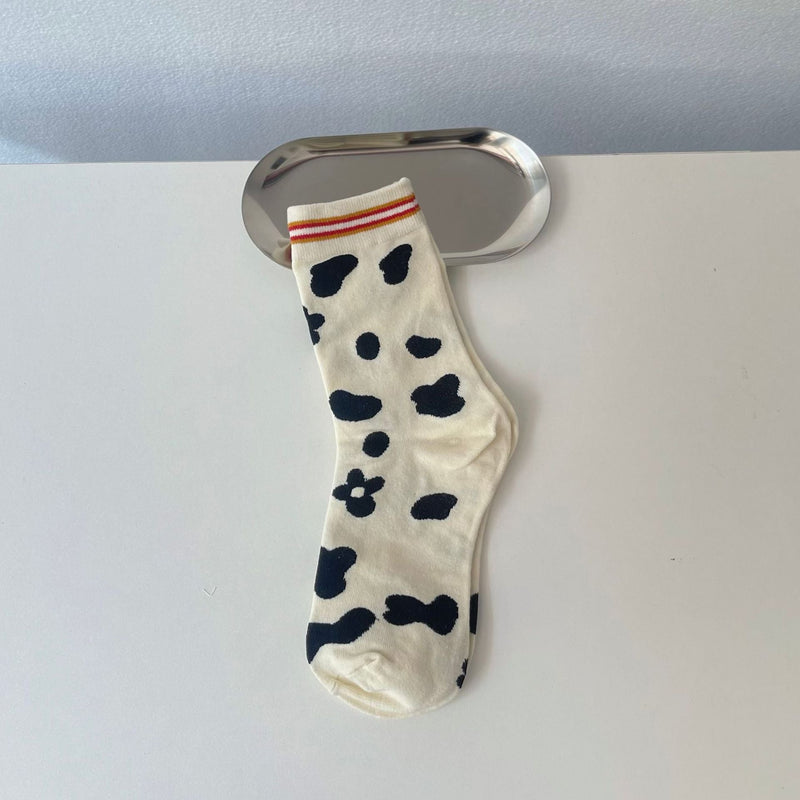 Women's Cow Print Striped Crew Socks - LOOUZ