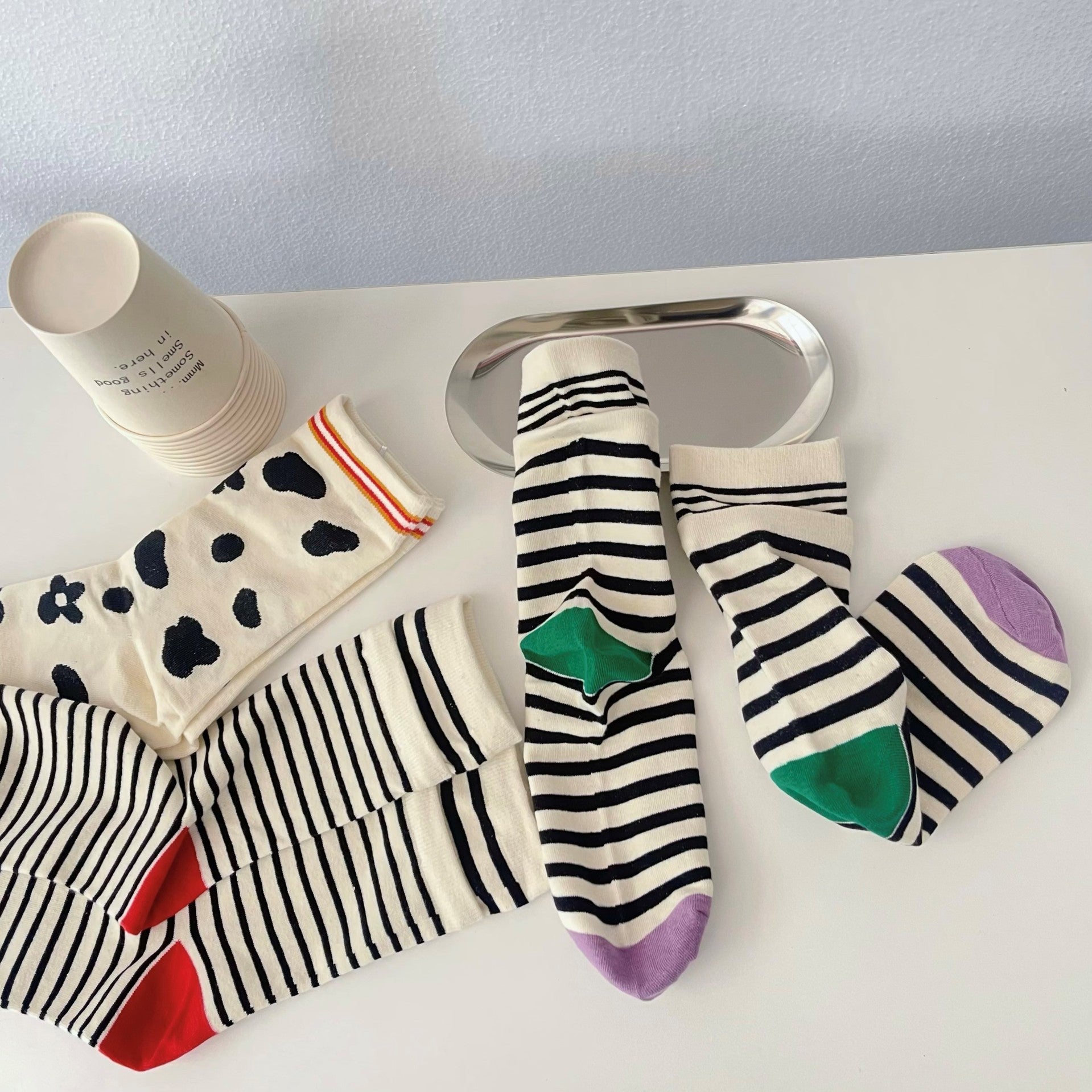 Women's Cow Print Striped Crew Socks - LOOUZ