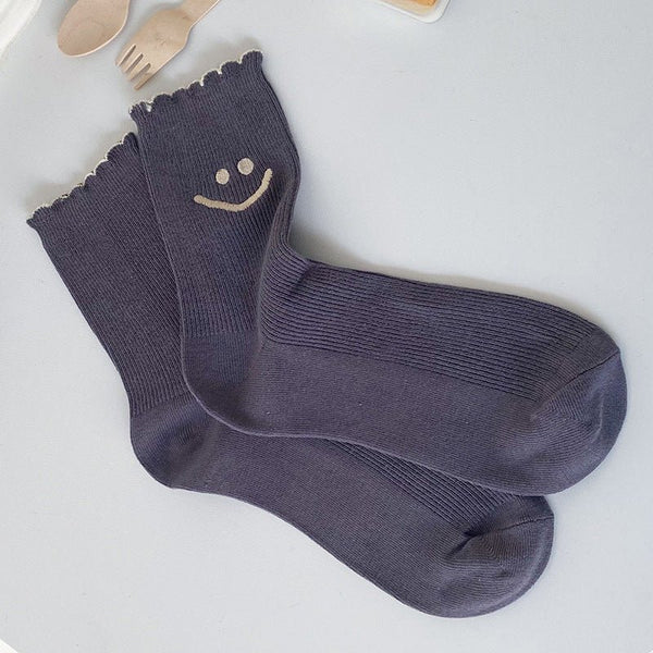 Women's Embroidery Smiley Face - Purple Gray