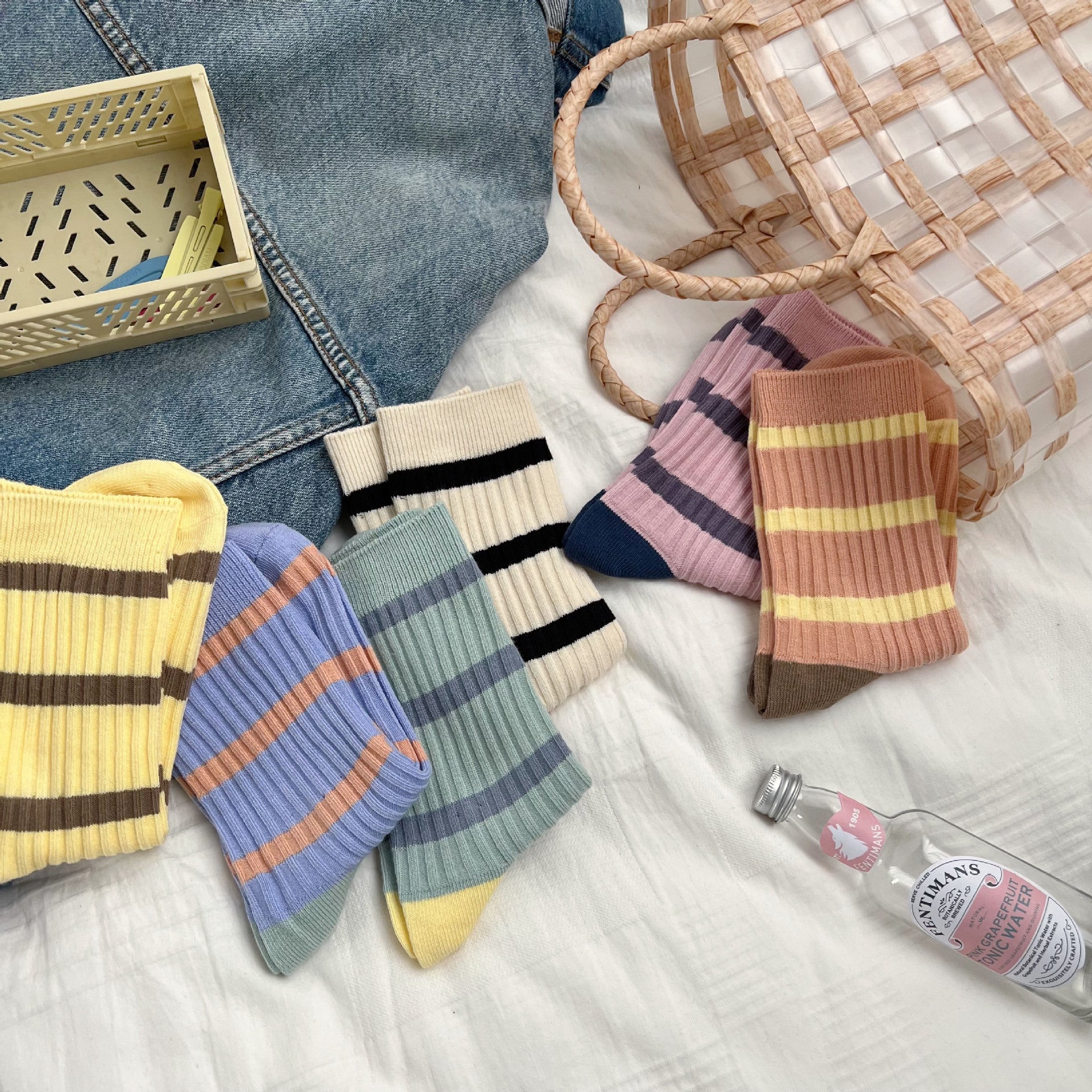 Women's Macaron Color Striped Contrast Socks - LOOUZ