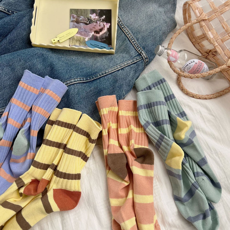 Women's Macaron Color Striped Contrast Socks - LOOUZ