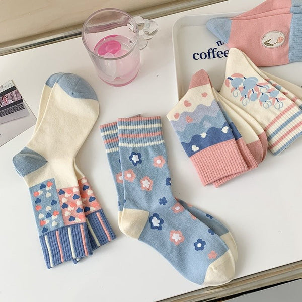 Women's Pink Blue Tulip Floral Socks - LOOUZ