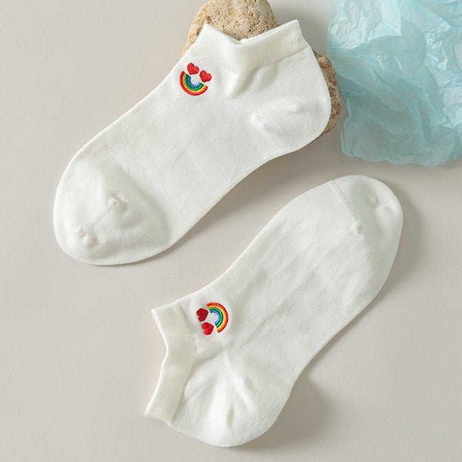 Women's Premium Five Pairs White Embroidery Icon Socks-White