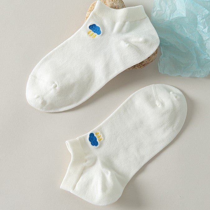 Women's Premium Five Pairs White Embroidery Icon Socks-White