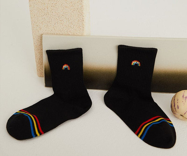 Women's Premium Striped Embroidery Rainbow Sock