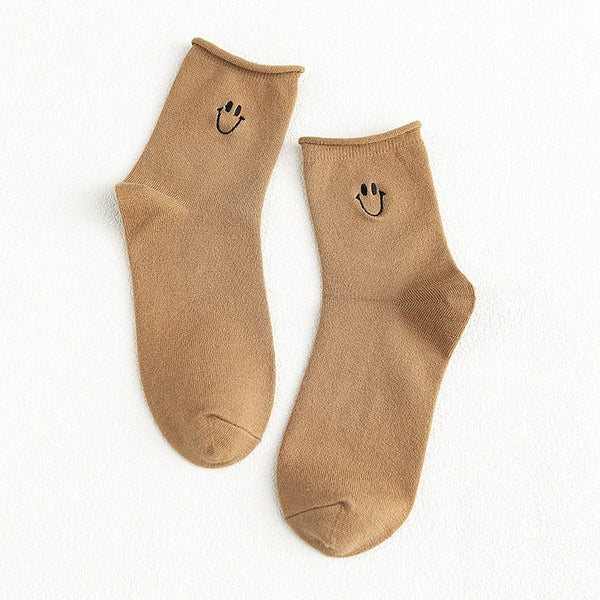 Women's Smiley Face Socks-Dark Beige - LOOUZ