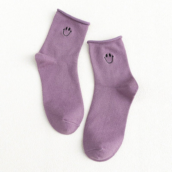 Purple Flower Smiley Face Socks - Others