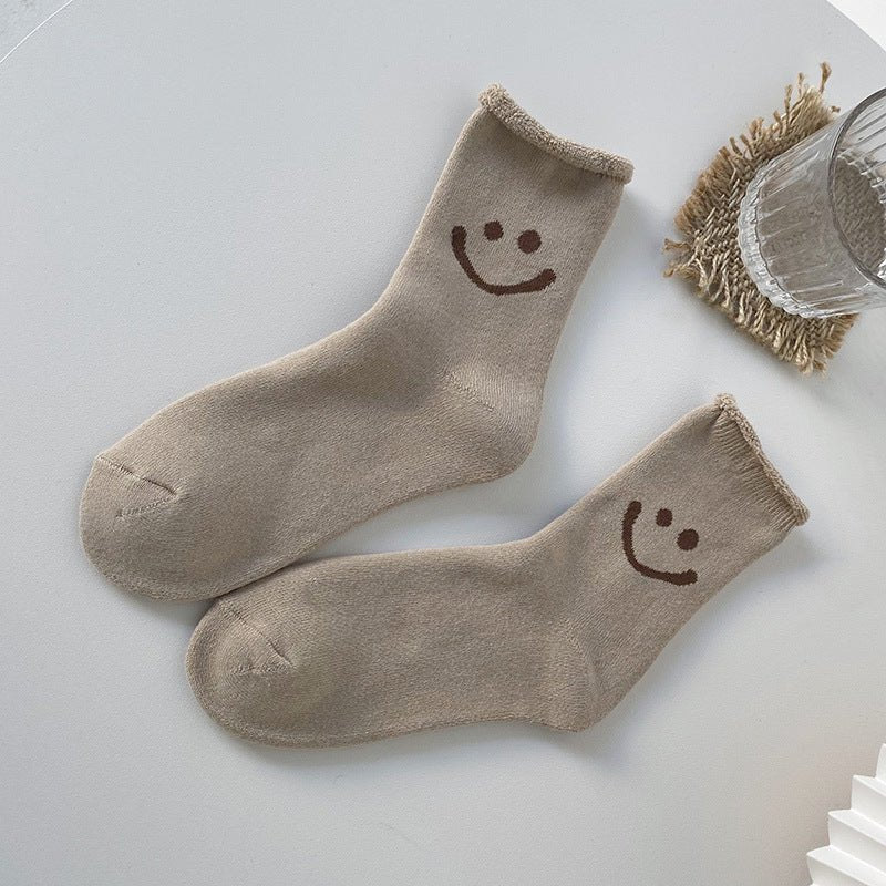 Women's Warm Smiley Face Socks-Beige - LOOUZ