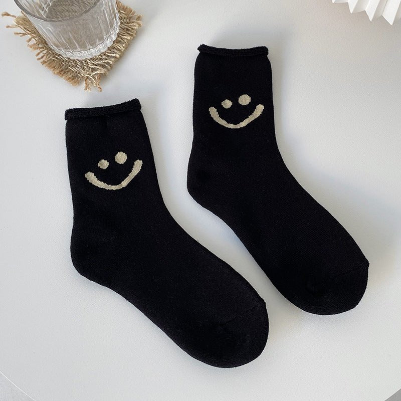 Women's Warm Smiley Face Socks-Black - LOOUZ