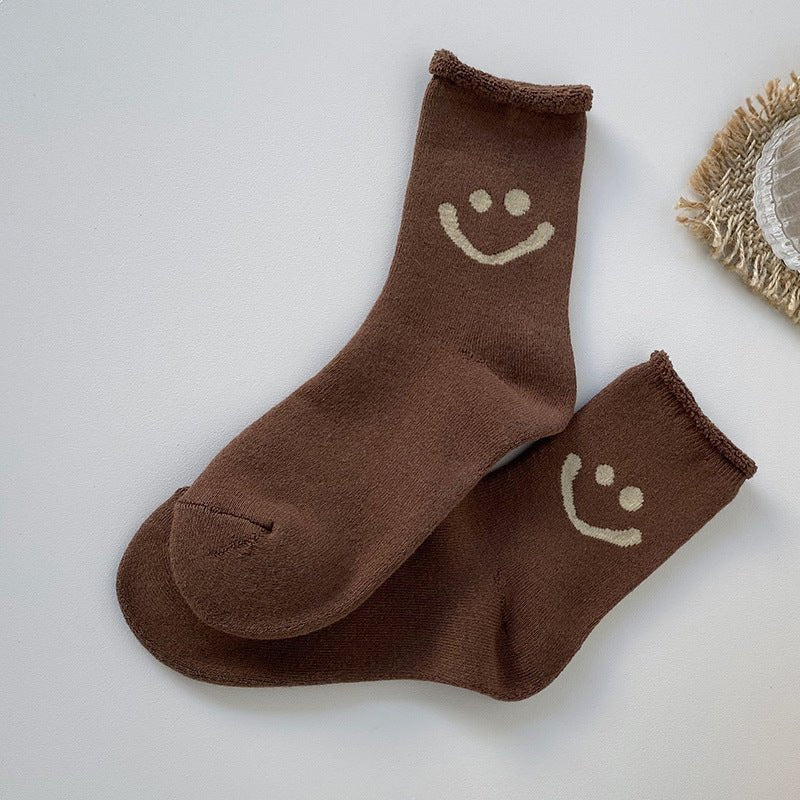 Women's Warm Smiley Face Socks-Dark Brown - LOOUZ