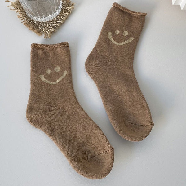 Women's Warm Smiley Face Socks-Light Brown - LOOUZ