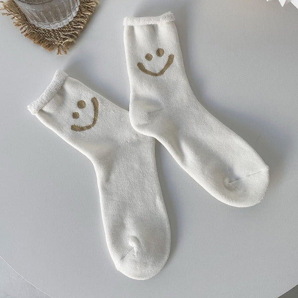 Women's Warm Smiley Face Socks-White - LOOUZ